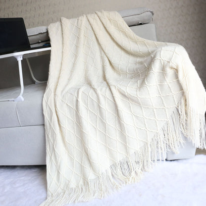 Beige Nordic Knitted Throw Blanket with Tassels 130x230cm Soft Acrylic Diamond Pattern Sofa Cover Bed Runner and Travel Blanket