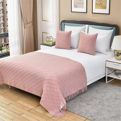 Beige Nordic Knitted Throw Blanket with Tassels 130x230cm Soft Acrylic Diamond Pattern Sofa Cover Bed Runner and Travel Blanket