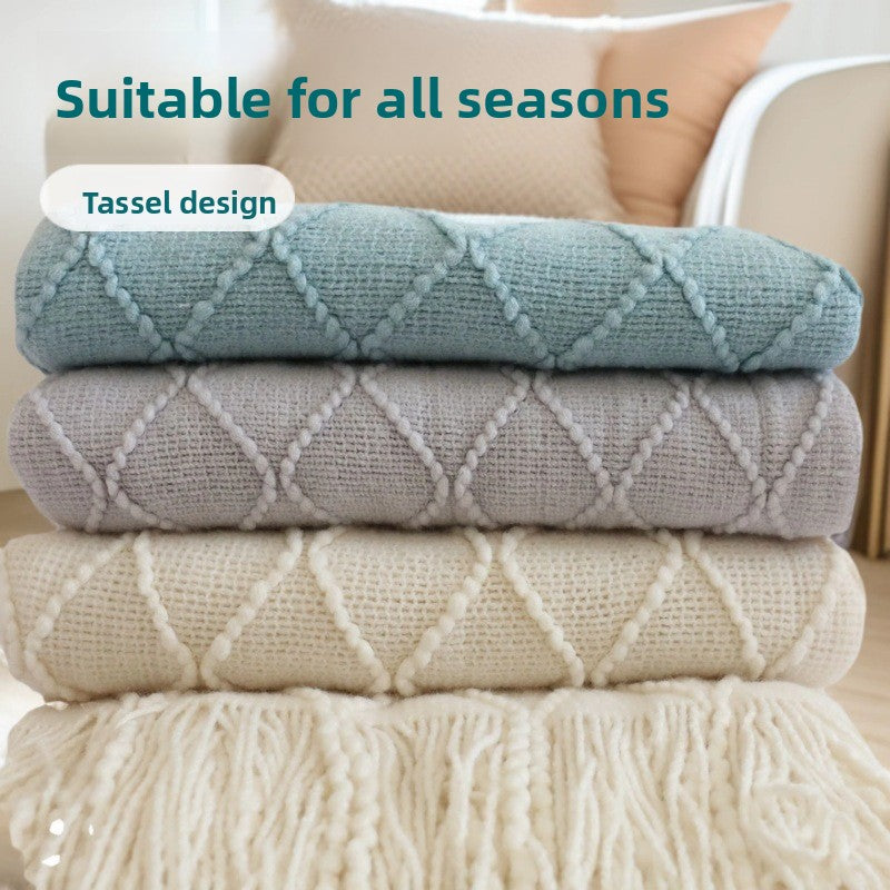 Orange-red Nordic Knitted Throw Blanket with Tassels 130x230cm Soft Acrylic Diamond Pattern Sofa Cover Bed Runner and Travel Blanket