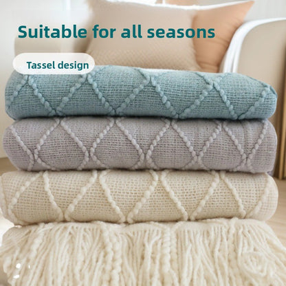 Lake blue Nordic Knitted Throw Blanket with Tassels 130x230cm Soft Acrylic Diamond Pattern Sofa Cover Bed Runner and Travel Blanket