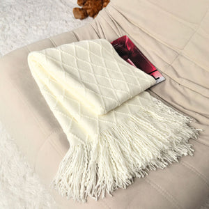Pure white Nordic Knitted Throw Blanket with Tassels 130x230cm Soft Acrylic Diamond Pattern Sofa Cover Bed Runner and Travel Blanket