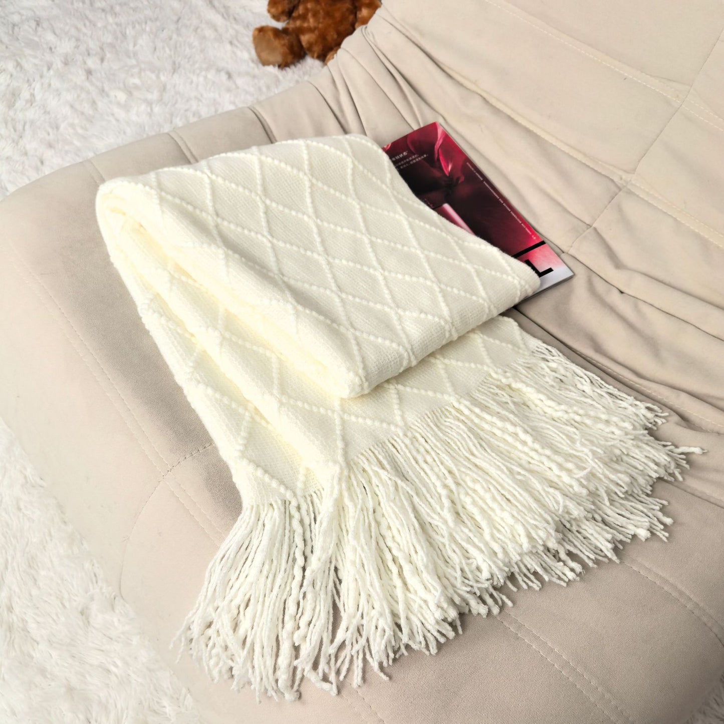 Pure white Nordic Knitted Throw Blanket with Tassels 130x230cm Soft Acrylic Diamond Pattern Sofa Cover Bed Runner and Travel Blanket
