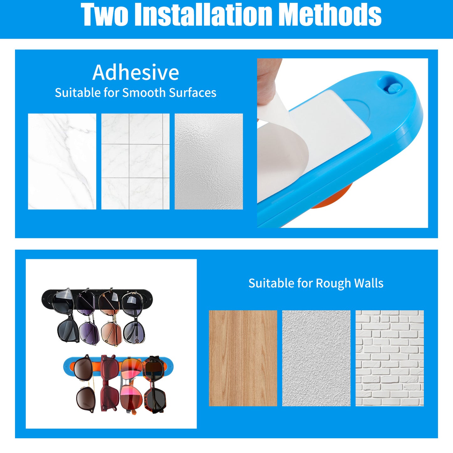 2 Pack Blue Acrylic Sunglasses Holder Wall Mounted Glasses Organizer Rack Self-Adhesive Eyewear Display Stand for Home Office and Entryway