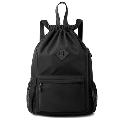 Large Drawstring Backpack Waterproof Gym Bag Lightweight Sports Sackpack with Zipper Pockets for Travel and Swimming Black