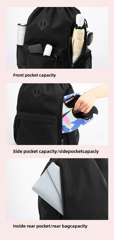 Large Drawstring Backpack Waterproof Gym Bag Lightweight Sports Sackpack with Zipper Pockets for Travel and Swimming Purple