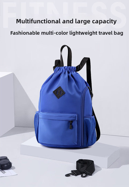 Large Drawstring Backpack Waterproof Gym Bag Lightweight Sports Sackpack with Zipper Pockets for Travel and Swimming Royal Blue