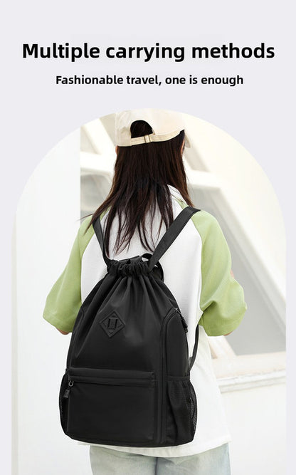 Large Drawstring Backpack Waterproof Gym Bag Lightweight Sports Sackpack with Zipper Pockets for Travel and Swimming Gray