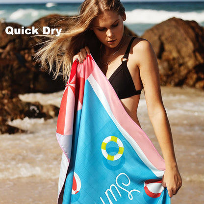 Sand Free Microfibre Beach Towel - "Hello Summer" Pool Print Quick Dry Travel Towel 80x160cm - Lightweight Absorbent for Beach, Swimming & Camping