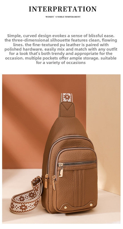 Women's Soft PU Leather Sling Bag Crossbody Chest Purse with Adjustable Boho Strap - Lightweight Multi-Pocket Shoulder Daypack for Travel & Daily Use - Khaki