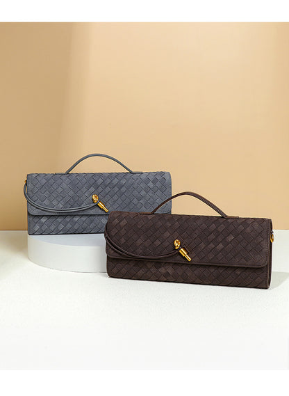 Retro Woven Baguette Handbag for Women Suede Texture PU Leather Shoulder Crossbody Bag Elegant Evening Clutch Pine Tea Color