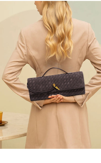 Retro Woven Baguette Handbag for Women Suede Texture PU Leather Shoulder Crossbody Bag Elegant Evening Clutch Pine Tea Color