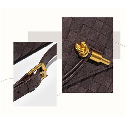 Retro Woven Baguette Handbag for Women Suede Texture PU Leather Shoulder Crossbody Bag Elegant Evening Clutch Pine Tea Color