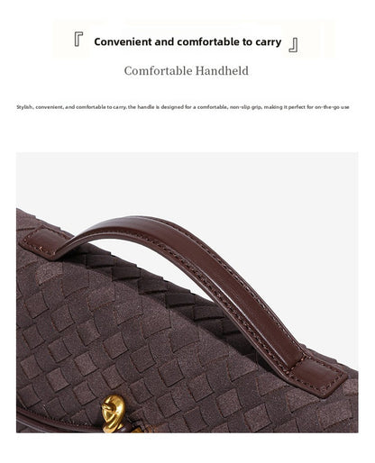 Retro Woven Baguette Handbag for Women Suede Texture PU Leather Shoulder Crossbody Bag Elegant Evening Clutch Pine Tea Color