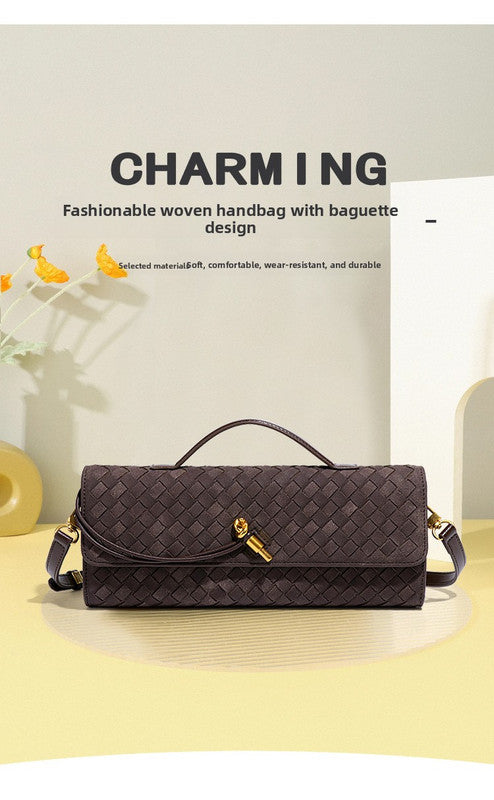 Retro Woven Baguette Handbag for Women Suede Texture PU Leather Shoulder Crossbody Bag Elegant Evening Clutch Warm gray