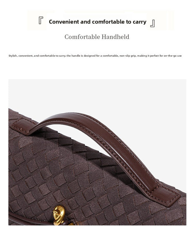 Retro Woven Baguette Handbag for Women Suede Texture PU Leather Shoulder Crossbody Bag Elegant Evening Clutch Warm gray