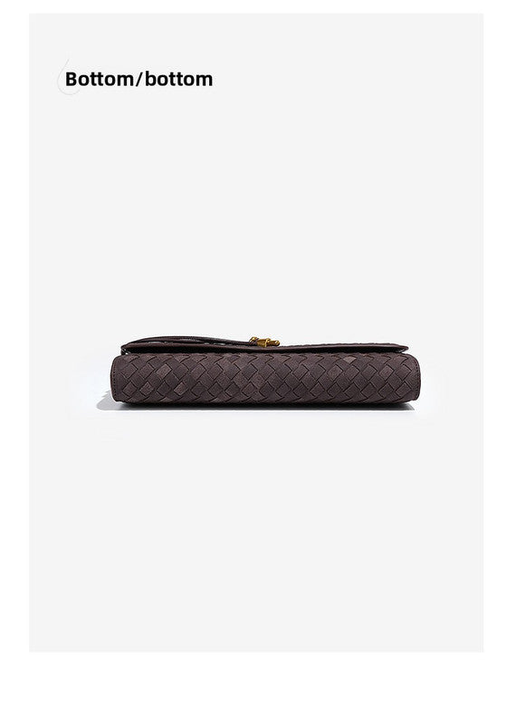 Retro Woven Baguette Handbag for Women Suede Texture PU Leather Shoulder Crossbody Bag Elegant Evening Clutch Warm gray