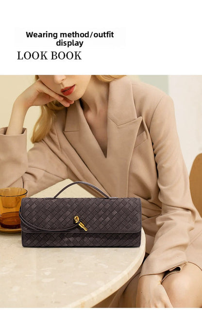 Retro Woven Baguette Handbag for Women Suede Texture PU Leather Shoulder Crossbody Bag Elegant Evening Clutch Khaki
