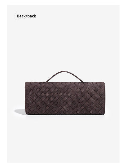 Retro Woven Baguette Handbag for Women Suede Texture PU Leather Shoulder Crossbody Bag Elegant Evening Clutch Burgundy