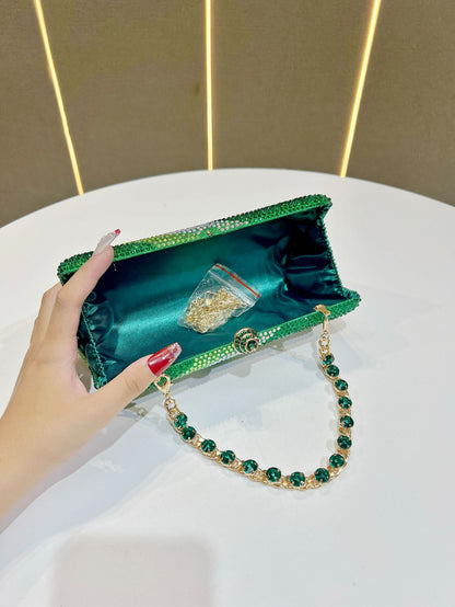 Luxury Rose red Rhinestone Evening Clutch Bag Women Crystal Sparkle Formal Purse with Chain Strap for Wedding Party Prom