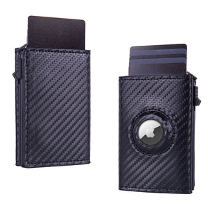 RFID Blocking Pop-Up Card Wallet with AirTag Holder - Carbon Fiber Texture Aluminum Smart Wallet - Automatic Slider Mechanism with Cash Compartment - Black (AirTag Not Included)