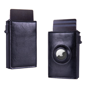 RFID Blocking Pop-Up Card Wallet with AirTag Holder - Crazy Horse Leather Style Aluminium Smart Wallet - Automatic Slider with Cash Slot - Vintage Black (AirTag Not Included)
