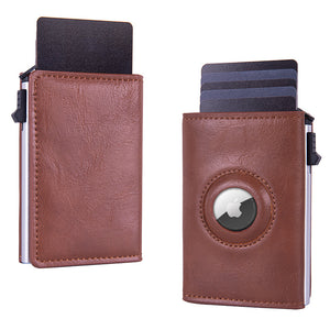 RFID Blocking Pop-Up Card Wallet with AirTag Holder - Automatic Slider Aluminium Smart Case with Cash Compartment - Slim Minimalist Coffee Brown Leather Design (AirTag Not Included)