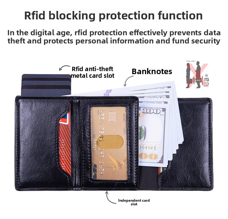 RFID Blocking Pop-Up Card Wallet with AirTag Holder - Automatic Slider Aluminium Smart Case with Cash Compartment - Slim Minimalist Apricot Leather Design (AirTag Not Included)