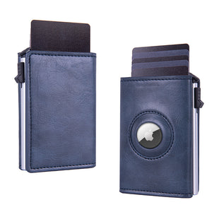 RFID Blocking Pop-Up Card Wallet with AirTag Holder - Automatic Slider Aluminium Smart Case with Cash Slot - Slim Minimalist Blue Leather Design (AirTag Not Included)