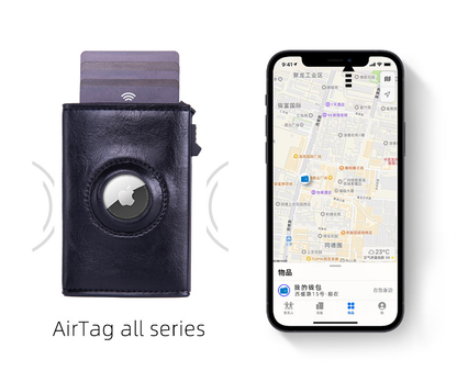 RFID Blocking Pop-Up Card Wallet with AirTag Holder - Automatic Slider Aluminium Smart Case with Cash Slot - Slim Minimalist Blue Leather Design (AirTag Not Included)