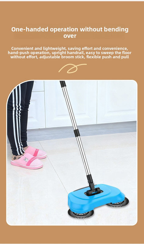 3-in-1 Hand Push Floor Sweeper - Manual Spinning Broom, Dustpan & Mop Combo - Silent Non-Electric Cleaning for Hardwood & Tiles - Lightweight Sky Blue