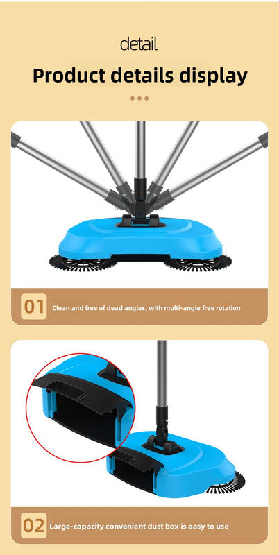 3-in-1 Hand Push Floor Sweeper - Manual Spinning Broom, Dustpan & Mop Combo - Silent Non-Electric Cleaning for Hardwood & Tiles - Lightweight Sky Blue