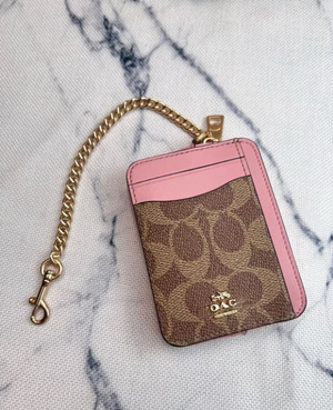 2 Pack Women's Mini Zip Card Holder & Coin Purse with Keychain - Signature Brown with Pink Trim & White Floral Print - Compact ID Wallet for Daily Use - Factory Direct Shop