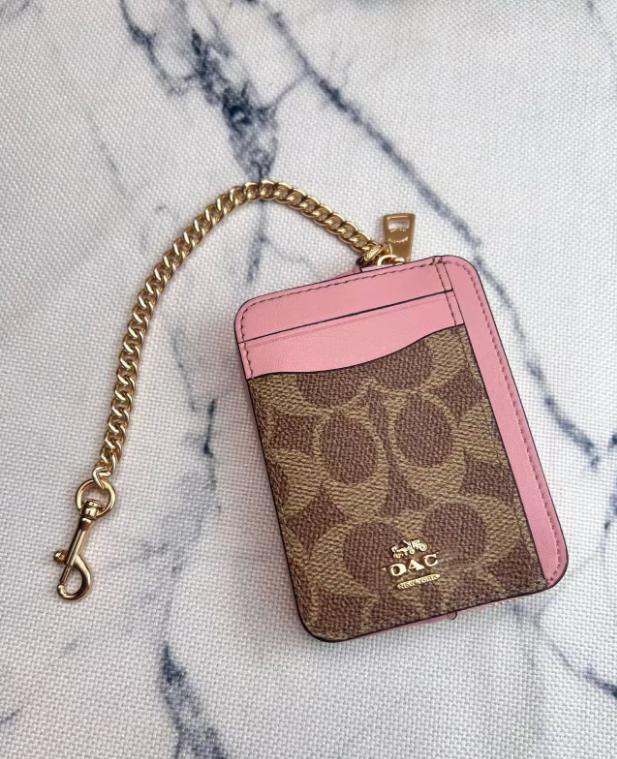2 Pack Women's Mini Zip Card Holder & Coin Purse with Keychain - Signature Brown with Pink Trim & White Floral Print - Compact ID Wallet for Daily Use - Factory Direct Shop