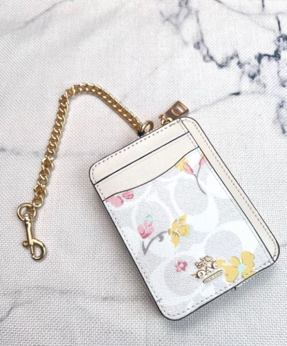 2 Pack Women's Mini Zip Card Holder & Coin Purse with Keychain - Signature Brown with Pink Trim & White Floral Print - Compact ID Wallet for Daily Use - Factory Direct Shop