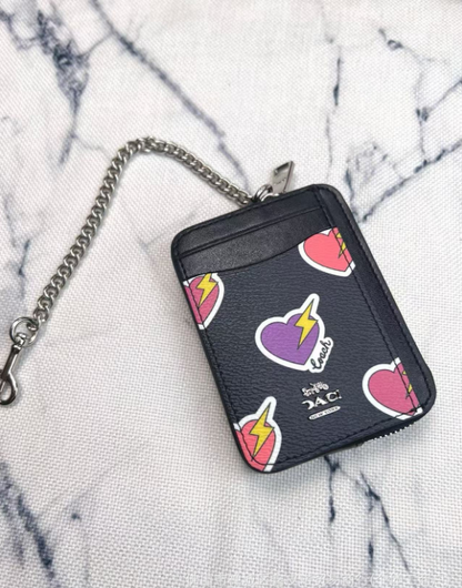 2 Pack Women's Mini Zip Card Holder & Coin Purse with Keychain - White Peach Blossom & Black Electric Heart Print - Compact ID Wallet for Daily Use - Factory Direct Shop