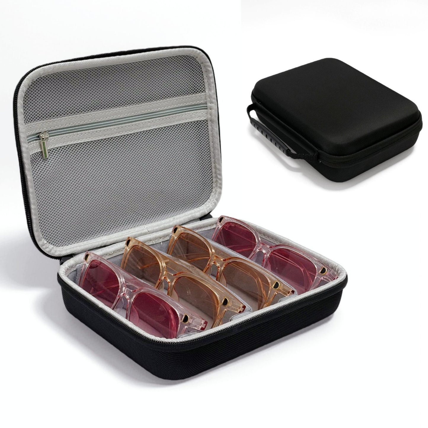 Portable 4 - Slot Sunglasses Organiser Case Hard Shell EVA Storage Box Travel Holder with Mesh Pocket 22cm Black - Factory Direct Shop