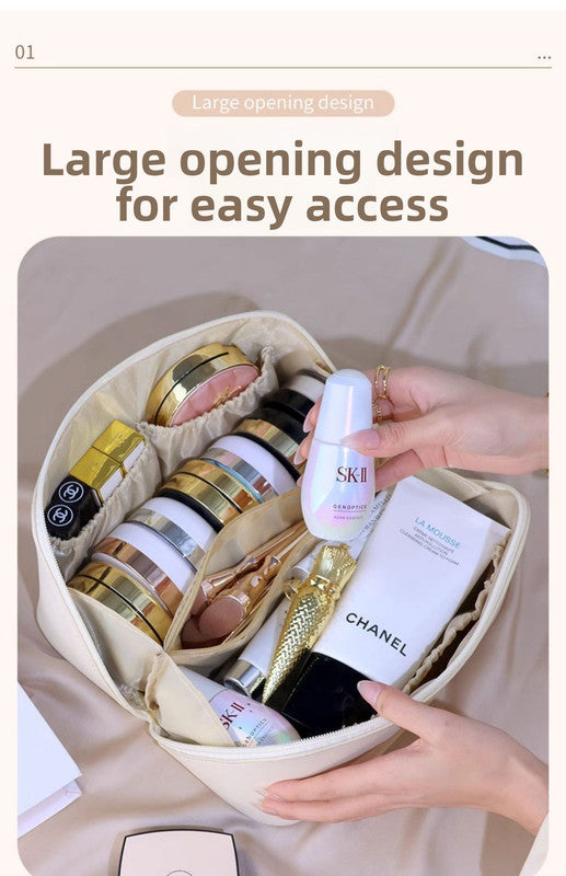 Large Capacity Travel Cosmetic Bag Portable PU Leather Pillow Pouch Waterproof Make Up Organiser Toiletry Case with Handle Apricot White