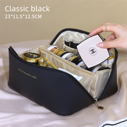 Large Capacity Travel Cosmetic Bag Portable PU Leather Pillow Pouch Waterproof Make Up Organiser Toiletry Case with Handle Classic Black - Factory Direct Shop
