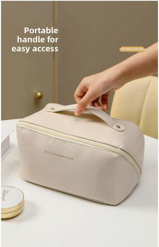 Large Capacity Travel Cosmetic Bag Portable PU Leather Pillow Pouch Waterproof Make Up Organiser Toiletry Case with Handle Classic Black - Factory Direct Shop