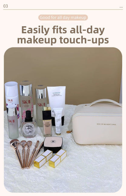 Large Capacity Travel Cosmetic Bag Portable PU Leather Pillow Pouch Waterproof Make Up Organiser Toiletry Case with Handle Classic Black - Factory Direct Shop