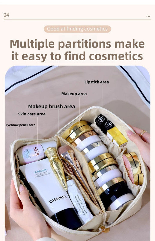 Large Capacity Travel Cosmetic Bag Portable PU Leather Pillow Pouch Waterproof Make Up Organiser Toiletry Case with Handle Classic Black - Factory Direct Shop