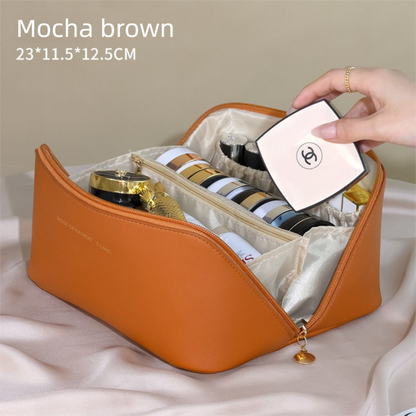 Large Capacity Travel Cosmetic Bag Portable PU Leather Pillow Pouch Waterproof Make Up Organiser Toiletry Case with Handle Mocha Brown - Factory Direct Shop