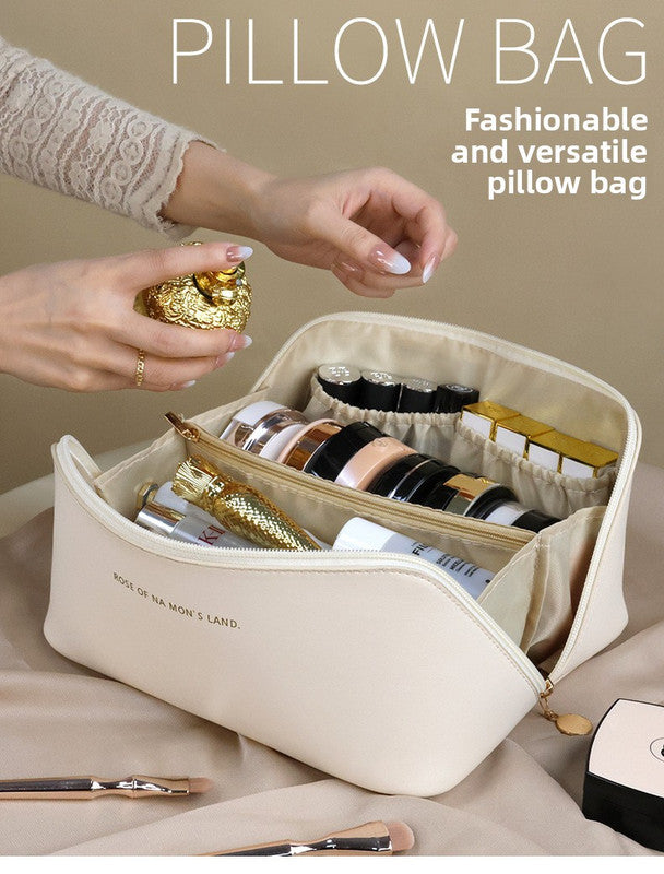 Large Capacity Travel Cosmetic Bag Portable PU Leather Pillow Pouch Waterproof Make Up Organiser Toiletry Case with Handle Mocha Brown - Factory Direct Shop