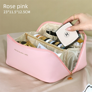 Large Capacity Travel Cosmetic Bag Portable PU Leather Pillow Pouch Waterproof Make Up Organiser Toiletry Case with Handle Rose pink