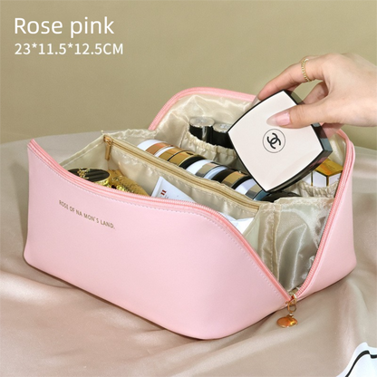 Large Capacity Travel Cosmetic Bag Portable PU Leather Pillow Pouch Waterproof Make Up Organiser Toiletry Case with Handle Rose pink - Factory Direct Shop