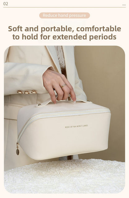 Large Capacity Travel Cosmetic Bag Portable PU Leather Pillow Pouch Waterproof Make Up Organiser Toiletry Case with Handle Rose pink - Factory Direct Shop