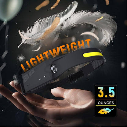 Adjustable High-Lumen Rechargeable COB LED Headlamp - 230° Wide Beam Head Torch with Wave Sensor for Camping, Hiking & Fishing