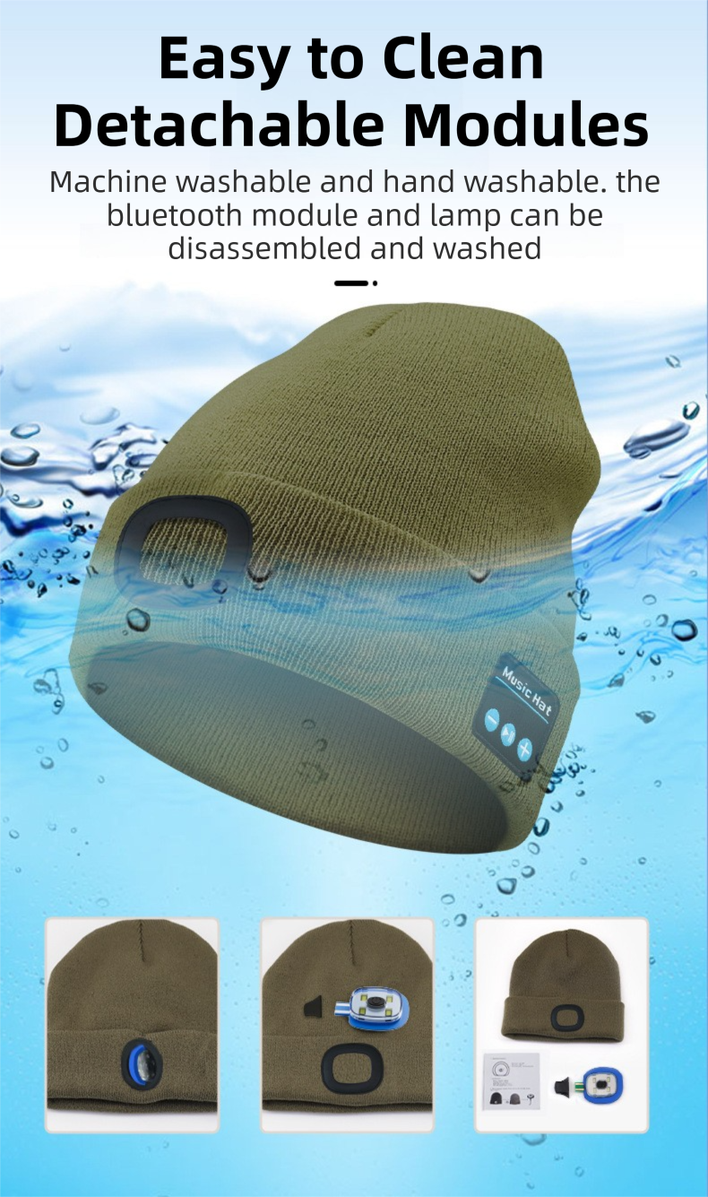 Light Blue Removable LED Bluetooth Headphone Beanie - Washable Knit Hat with 3-Level LED Illumination & Stereo Sound, USB Rechargeable