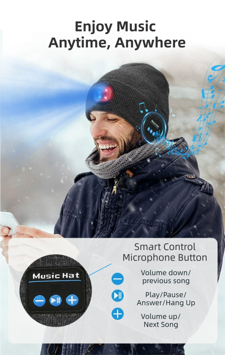 Green Removable LED Bluetooth Headphone Beanie - Washable Knit Hat with 3-Level LED Illumination & Stereo Sound, USB Rechargeable