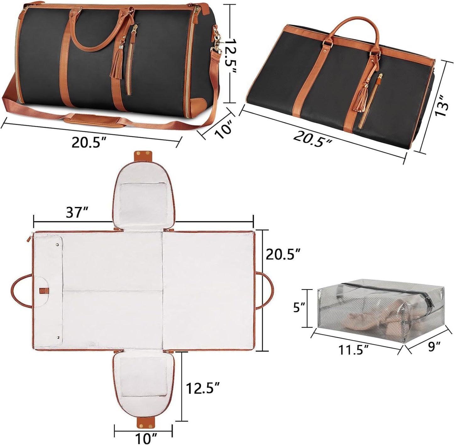 Brown 56-75L Large Capacity Foldable Garment Duffel Bag with Shoe Pouch - PU Leather Convertible Suit Carrier, Anti-Wrinkle Travel & Weekender Bag